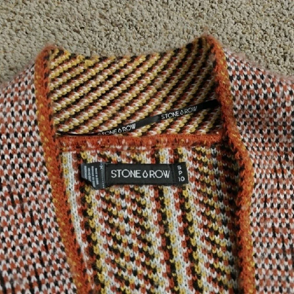 STONE ROW Womens Orange Geometric Pattern Kimono‎ Cardigan Tassel Tie Size S